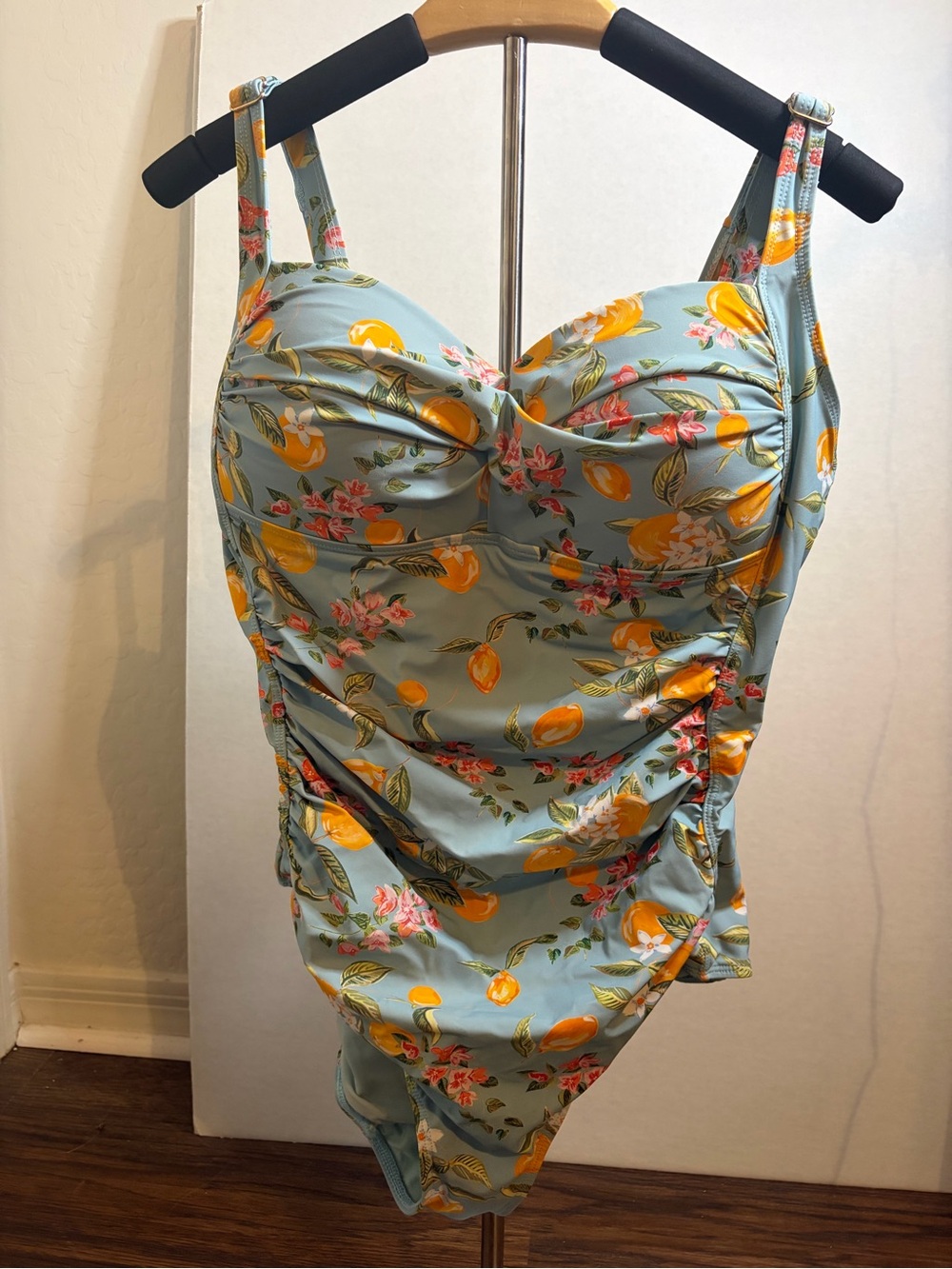 Ruched Citrus Floral One-Piece Swimsuit in Light Blue